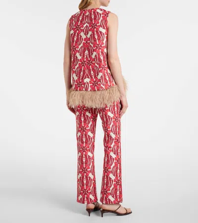 La Doublej Icon La Scala Feather-trimmed Printed Stretch-cotton Tweed Top In Red