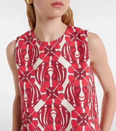 La Doublej Icon La Scala Feather-trimmed Printed Stretch-cotton Tweed Top In Red