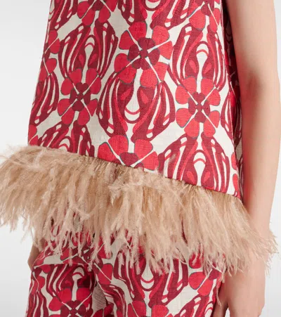 La Doublej Icon La Scala Feather-trimmed Printed Stretch-cotton Tweed Top In Red