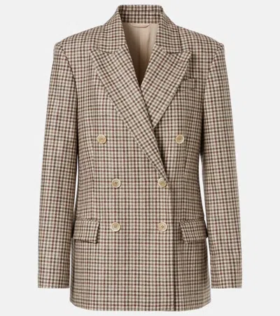 Brunello Cucinelli Beige Double-breasted Jacket With Peak Revers And All-over Check Motif In Wool Woman In Brown