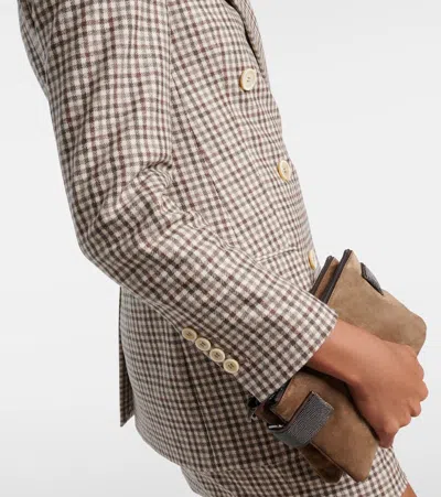 Brunello Cucinelli Beige Double-breasted Jacket With Peak Revers And All-over Check Motif In Wool Woman In Brown