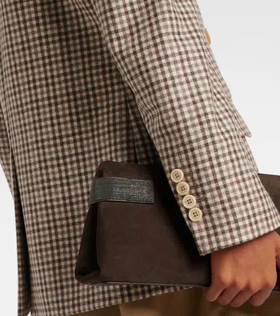 Brunello Cucinelli Beige Double-breasted Jacket With Peak Revers And All-over Check Motif In Wool Woman In Brown