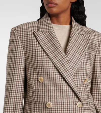 Brunello Cucinelli Beige Double-breasted Jacket With Peak Revers And All-over Check Motif In Wool Woman In Brown