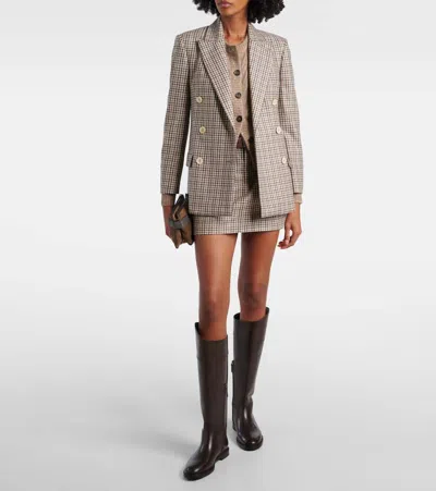 Brunello Cucinelli Beige Double-breasted Jacket With Peak Revers And All-over Check Motif In Wool Woman In Brown