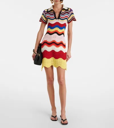 La Doublej Scalloped Striped Pointelle-knit Cotton Mini Dress In Multi
