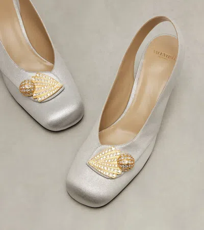 Valentino Garavani Block Heel Embellished Slingback Square Toe Pumps In White