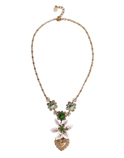 Dolce & Gabbana Gold Brass Lily Crystal Sacred Heart Pendant Women's Necklace
