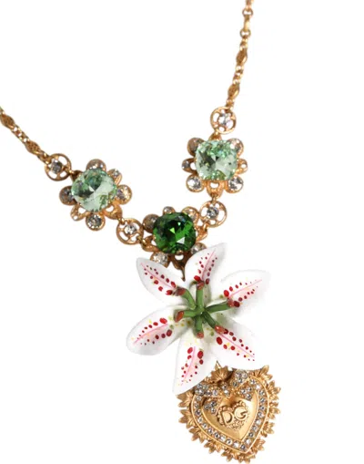 Dolce & Gabbana Gold Brass Lily Crystal Sacred Heart Pendant Women's Necklace