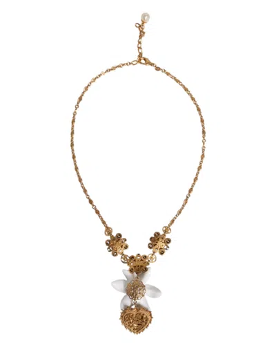 Dolce & Gabbana Gold Brass Lily Crystal Sacred Heart Pendant Women's Necklace