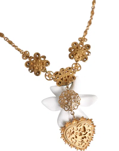 Dolce & Gabbana Gold Brass Lily Crystal Sacred Heart Pendant Women's Necklace