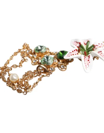 Dolce & Gabbana Gold Brass Lily Crystal Sacred Heart Pendant Women's Necklace