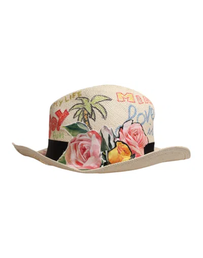 Pre-owned Dolce & Gabbana Multicolor Floral Women Fedora Wide Brim Women's Hat ()