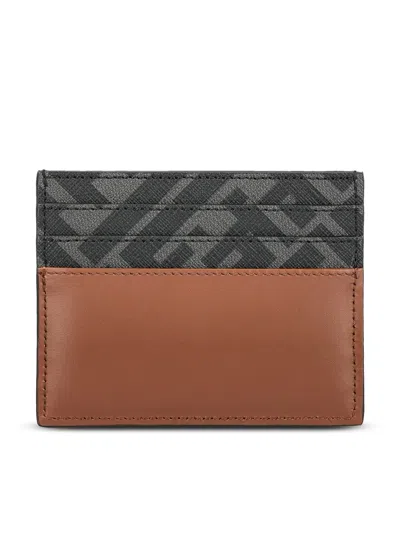 Fendi Leather And Ff Canvas Squared Card Holder In Brown