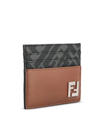 Fendi Leather And Ff Canvas Squared Card Holder In Brown