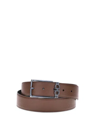 Ferragamo Brown Reversible Belt With Gancini Buckle In Leather Man
