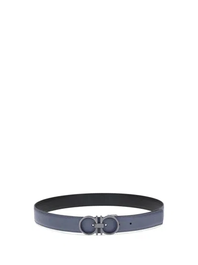 Ferragamo Leather Belt Reversible Textured Finish In Blue