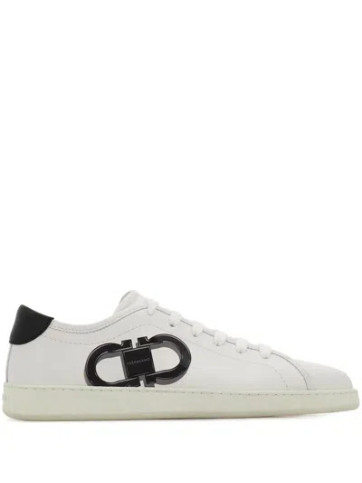 Ferragamo White Sneakers With Gancini Print On The Side And Contrasting Heel In Leather Man