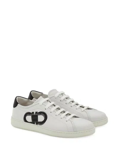 Ferragamo White Sneakers With Gancini Print On The Side And Contrasting Heel In Leather Man