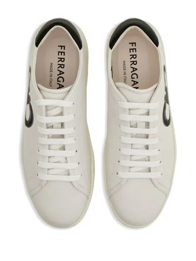 Ferragamo White Sneakers With Gancini Print On The Side And Contrasting Heel In Leather Man