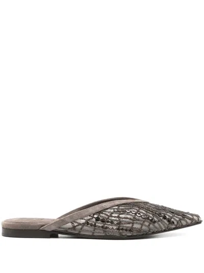 Brunello Cucinelli Glistening Abstract Embroidery Suede Sabots Women