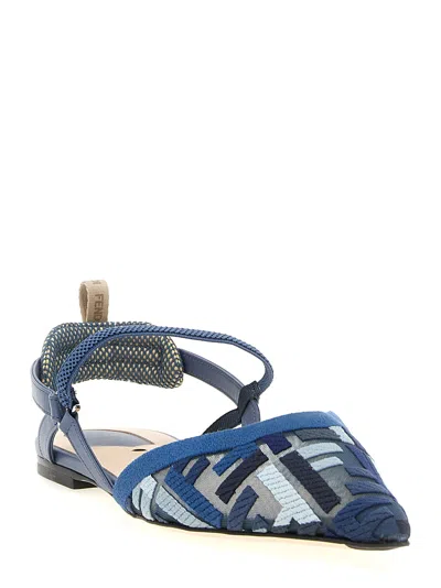 Fendi Blue Flat Mesh Slingbacks With Ff Embroidery