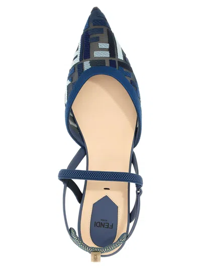 Fendi Blue Flat Mesh Slingbacks With Ff Embroidery
