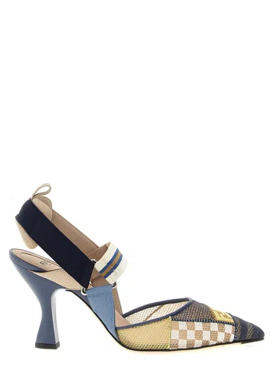 Fendi 'strappy Pointed Toe Pump With Patterned Design' In Blue