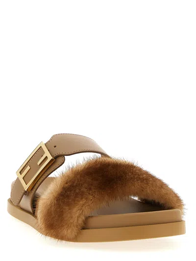 Fendi Light Brown Leather And Mink Slides