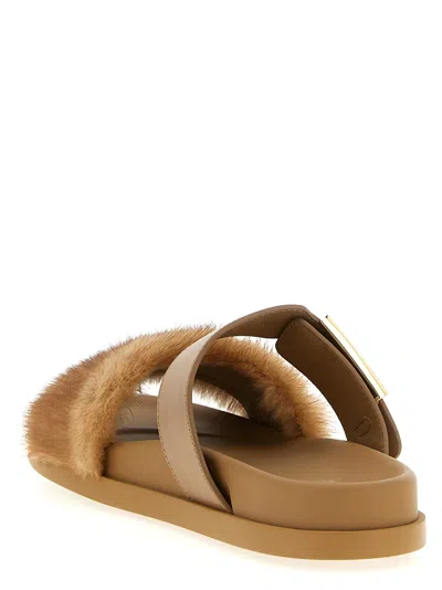 Fendi Light Brown Leather And Mink Slides