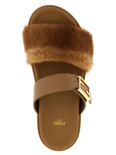 Fendi Light Brown Leather And Mink Slides