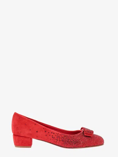 Ferragamo Red Suede Crystal Embellished Vara Bow Block Heel Pumps