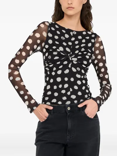 Liu •jo Crewneck Polka Dots Ruched Twist Front Top