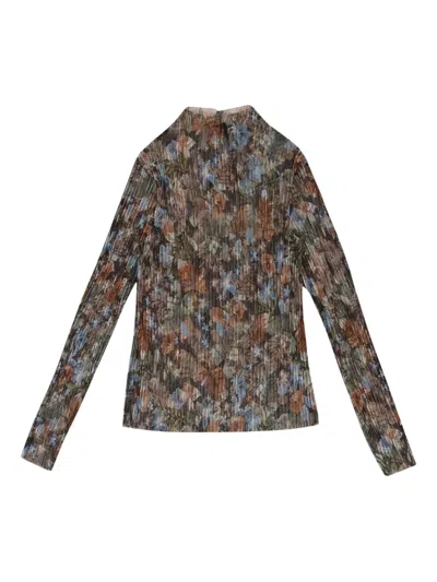 Callipygian Floral Pleated Turtleneck "multi (rainbow)" Top In Black