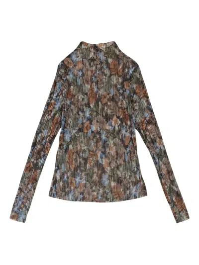 Callipygian Floral Pleated Turtleneck "multi (rainbow)" Top In Black