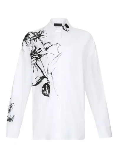 Liu •jo White Cotton Poplin Shirt With Black Floral Print And Rhinestone Details