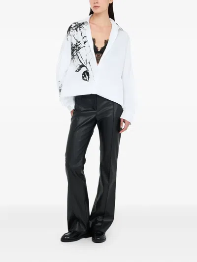 Liu •jo White Cotton Poplin Shirt With Black Floral Print And Rhinestone Details