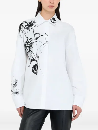 Liu •jo White Cotton Poplin Shirt With Black Floral Print And Rhinestone Details