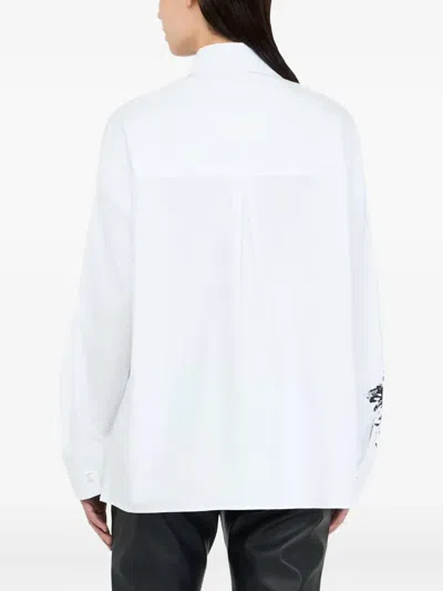 Liu •jo White Cotton Poplin Shirt With Black Floral Print And Rhinestone Details