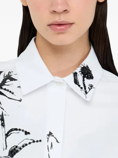 Liu •jo White Cotton Poplin Shirt With Black Floral Print And Rhinestone Details
