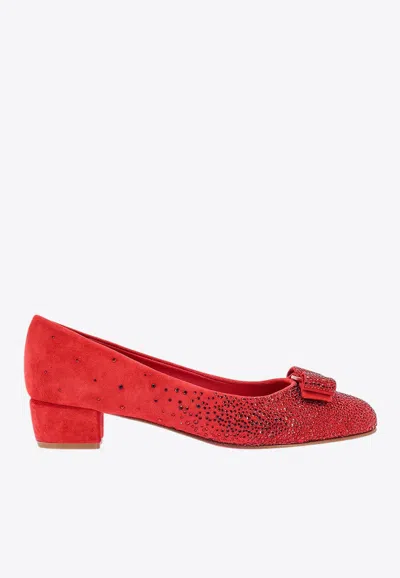 Ferragamo Red Suede Crystal Embellished Vara Bow Block Heel Pumps
