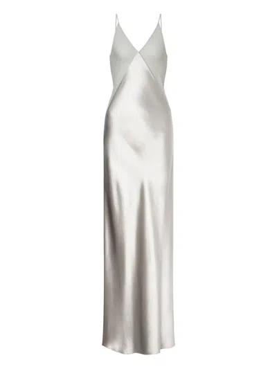 Alberta Ferretti Shiny Satin Long Dress In Gray