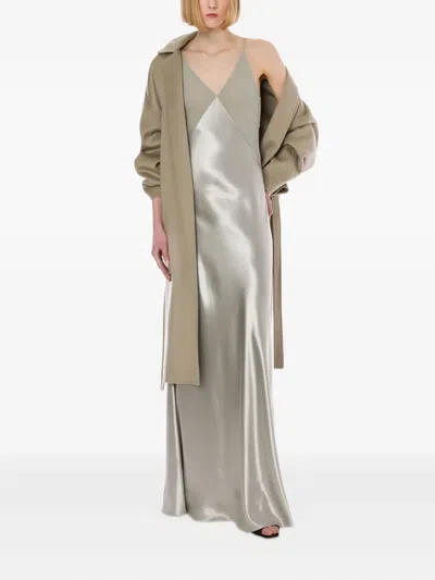 Alberta Ferretti Shiny Satin Long Dress In Gray