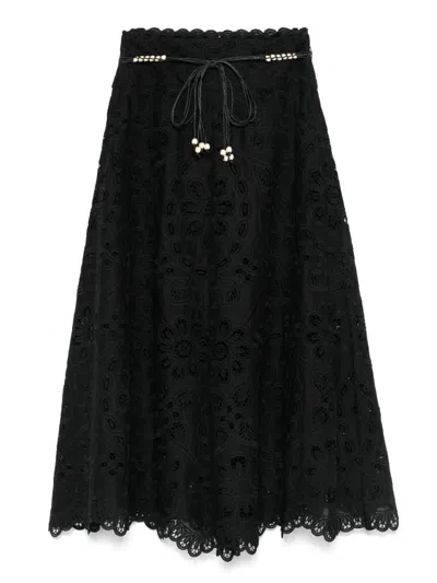Zimmermann Flared Midi Skirt With Embroidered Openwork Design In Black