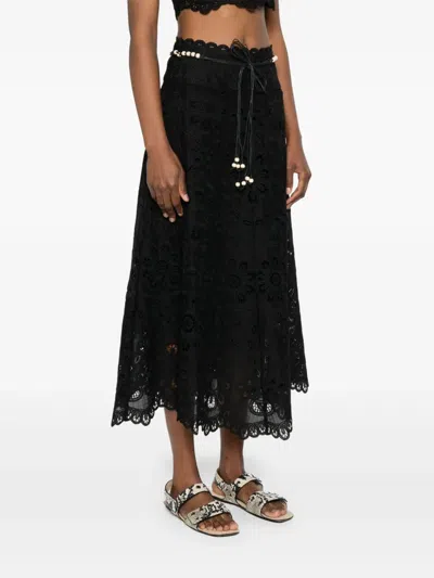 Zimmermann Flared Midi Skirt With Embroidered Openwork Design In Black