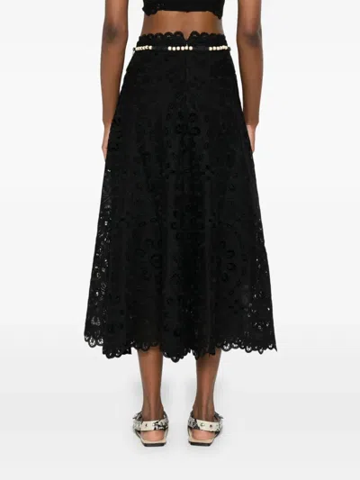 Zimmermann Flared Midi Skirt With Embroidered Openwork Design In Black