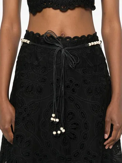 Zimmermann Flared Midi Skirt With Embroidered Openwork Design In Black