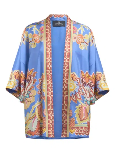 Etro Paisley Print Open Front Silk Twill Jacket In Blue