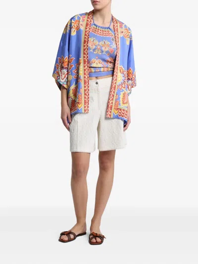 Etro Paisley Print Open Front Silk Twill Jacket In Blue
