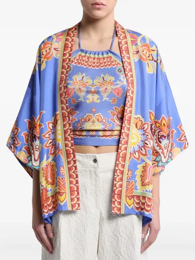 Etro Paisley Print Open Front Silk Twill Jacket In Blue