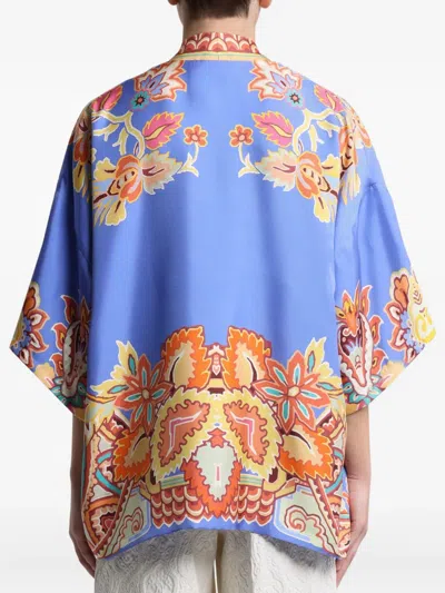 Etro Paisley Print Open Front Silk Twill Jacket In Blue